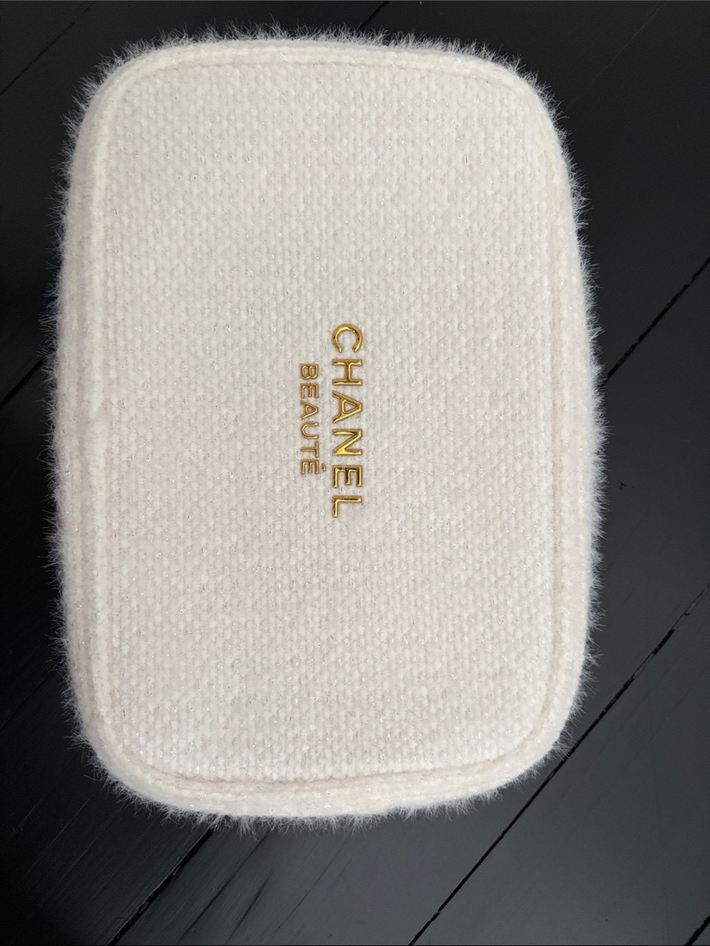 CHANEL Cream Wool Cosmetic Pouch with Gold Logo - Picture 1 of 4
